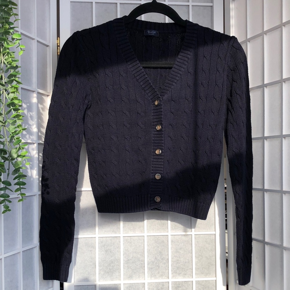 John Halt Navy Blue Cable Knit V-Neck Button Sweater, Small. - Picture 9 of 10